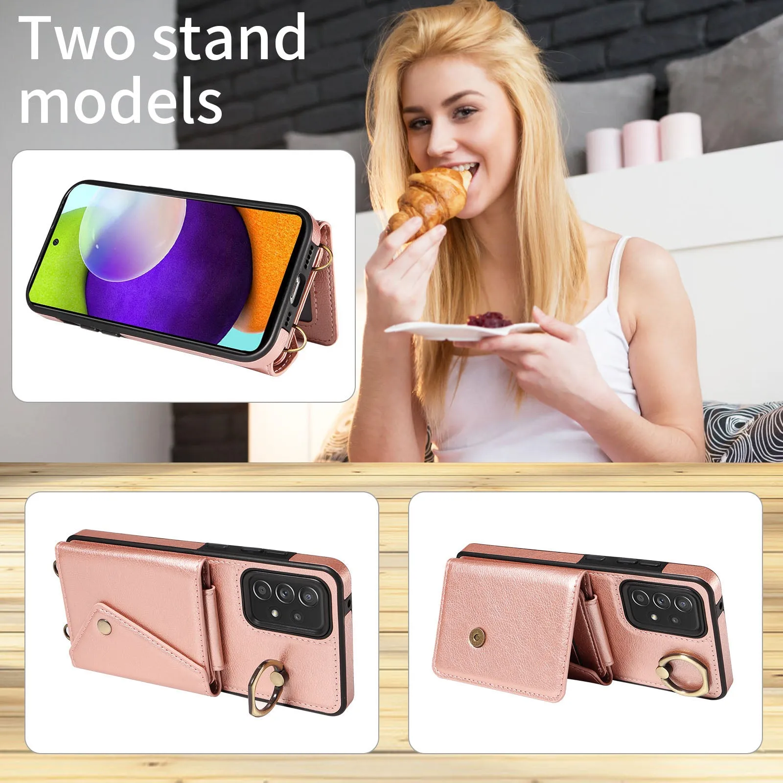 002 For Samsung Galaxy A52 4G / A52 5G / A52s 5G Card Bag Ring Kickstand Anti-drop Cover Litchi Texture Leather Coated TPU Phone Case with Shoulder Strap