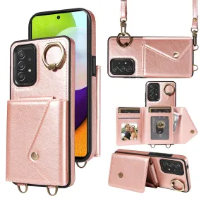 002 For Samsung Galaxy A52 4G / A52 5G / A52s 5G Card Bag Ring Kickstand Anti-drop Cover Litchi Texture Leather Coated TPU Phone Case with Shoulder Strap