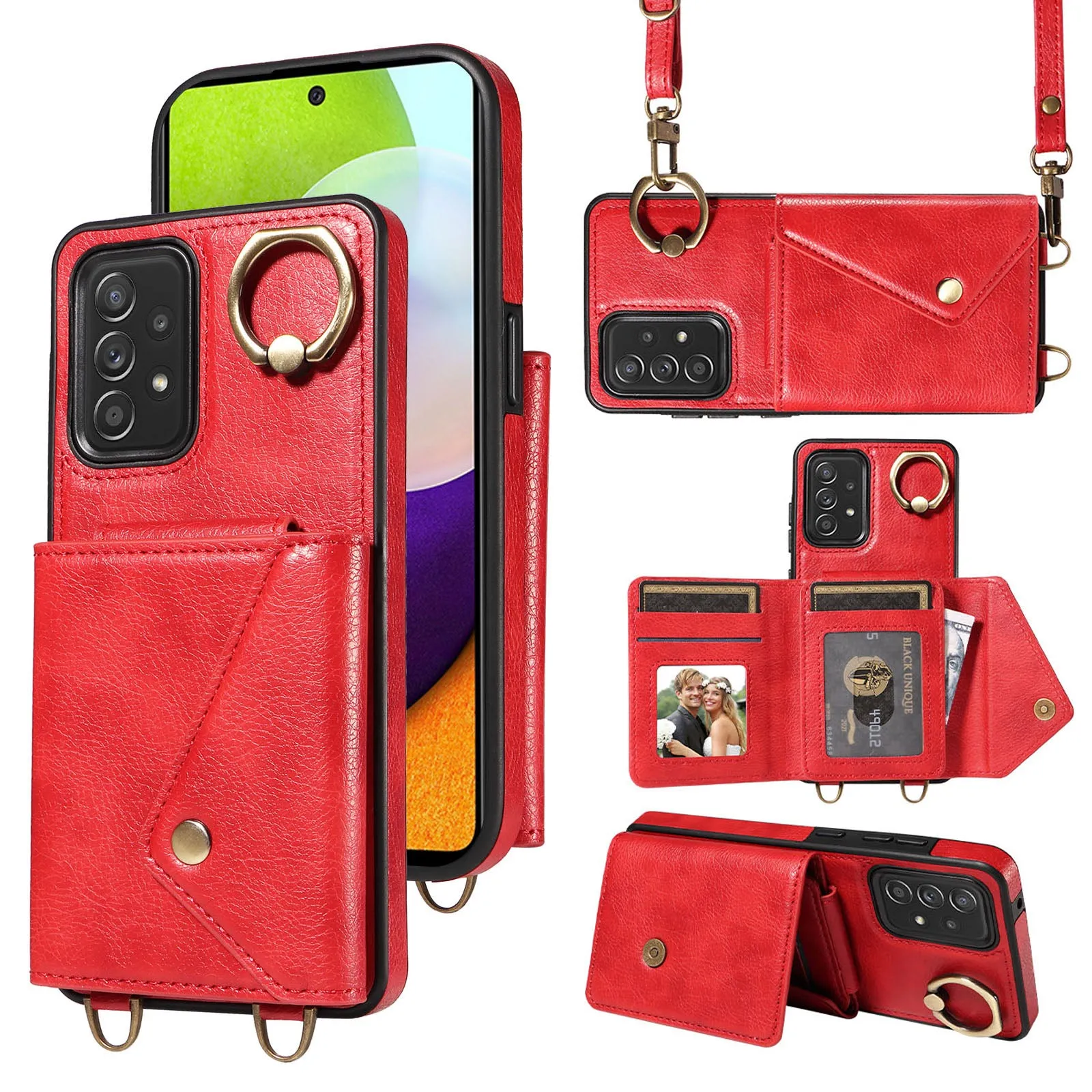 002 For Samsung Galaxy A52 4G / A52 5G / A52s 5G Card Bag Ring Kickstand Anti-drop Cover Litchi Texture Leather Coated TPU Phone Case with Shoulder Strap