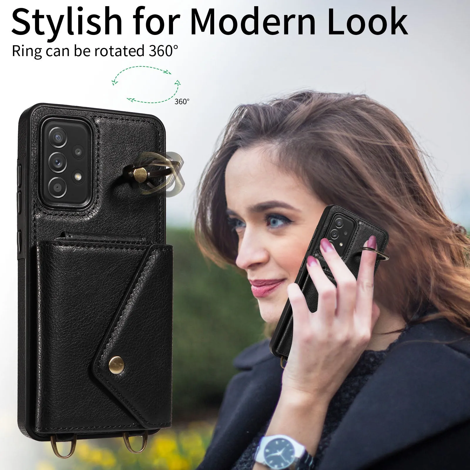 002 For Samsung Galaxy A52 4G / A52 5G / A52s 5G Card Bag Ring Kickstand Anti-drop Cover Litchi Texture Leather Coated TPU Phone Case with Shoulder Strap