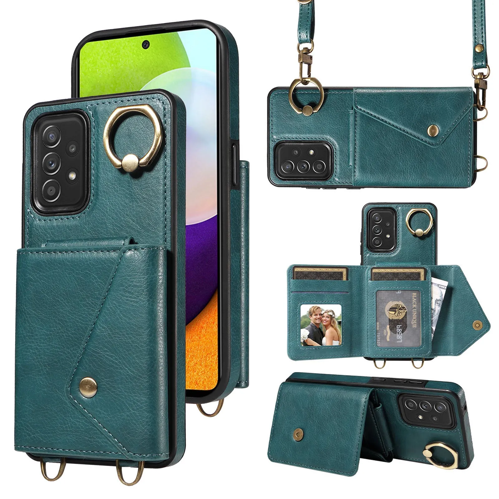 002 For Samsung Galaxy A52 4G / A52 5G / A52s 5G Card Bag Ring Kickstand Anti-drop Cover Litchi Texture Leather Coated TPU Phone Case with Shoulder Strap