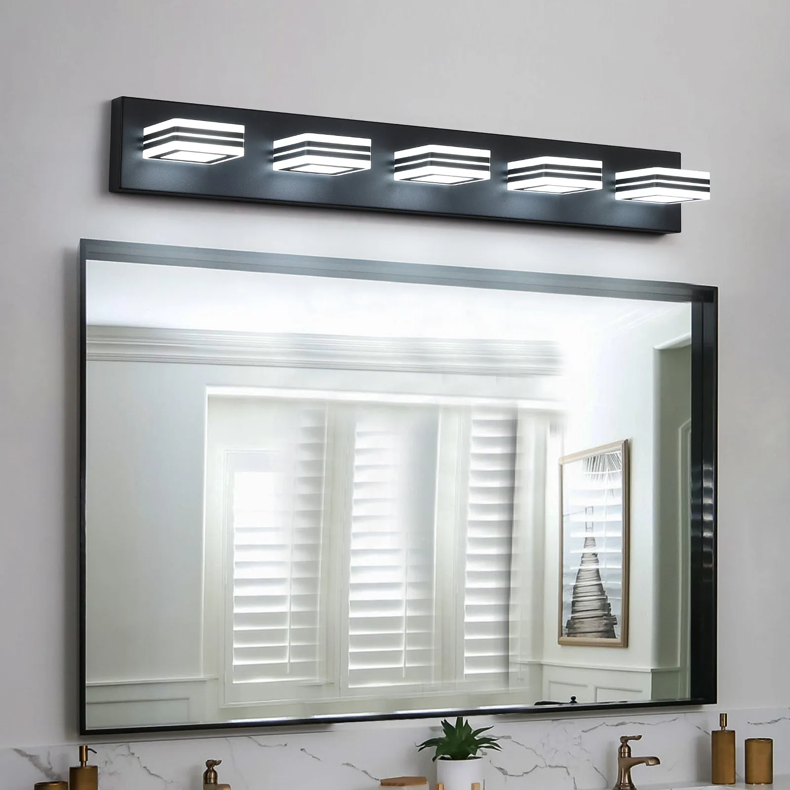 32" Black Vanity Light Modern Bathroom LED Mirror Light Rectangular 5 Lights