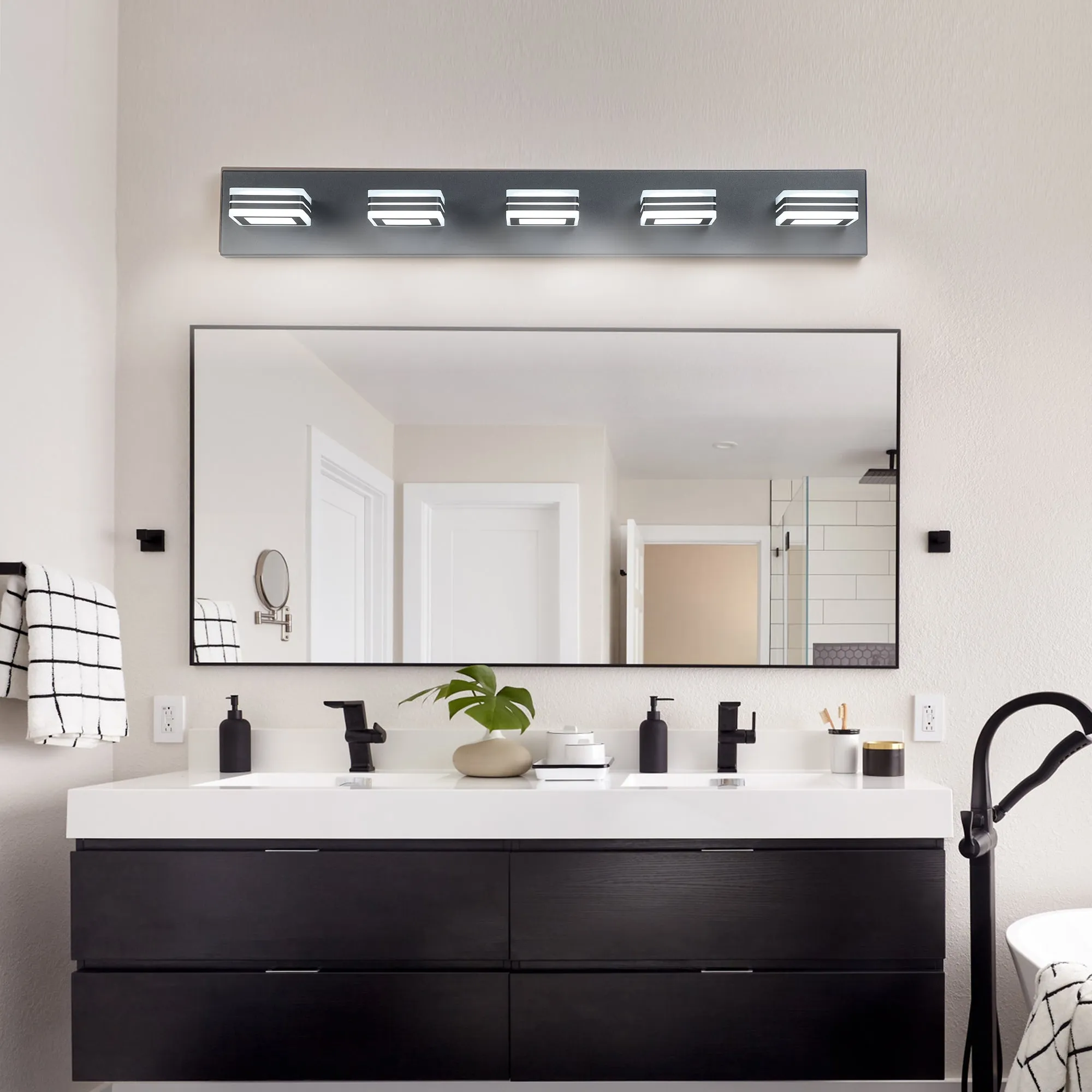 32" Black Vanity Light Modern Bathroom LED Mirror Light Rectangular 5 Lights