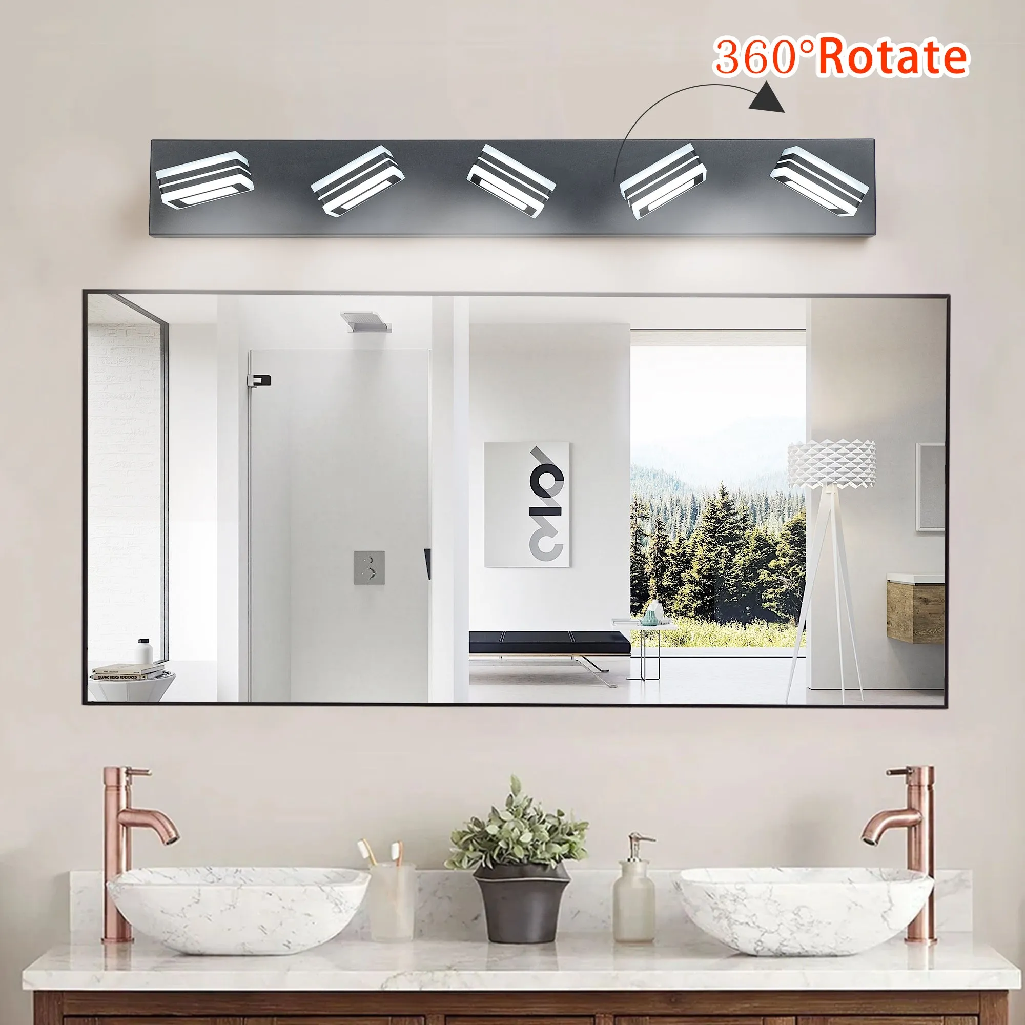 32" Black Vanity Light Modern Bathroom LED Mirror Light Rectangular 5 Lights