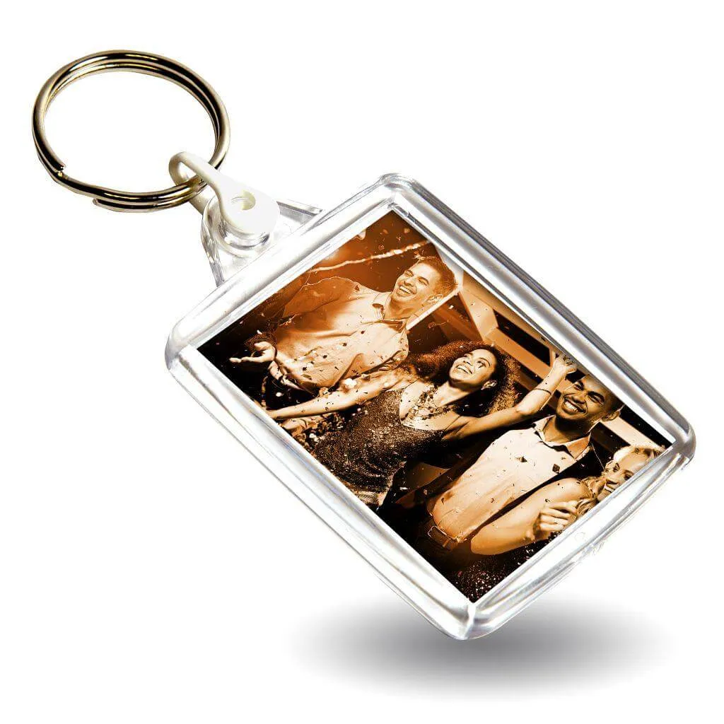 A502 Rectangular Blank Plastic Photo Insert Keyring with Coloured Connector - 45 x 35mm - Pack of 50