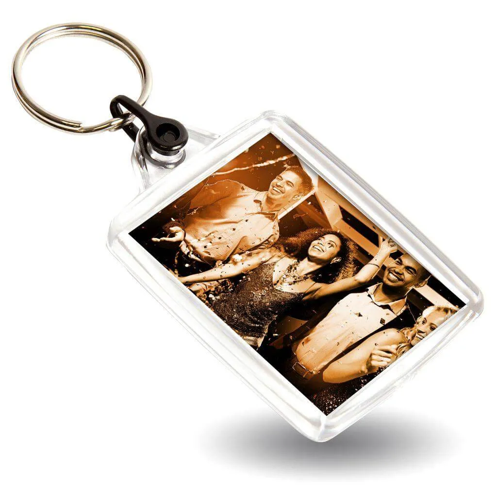 A502 Rectangular Blank Plastic Photo Insert Keyring with Coloured Connector - 45 x 35mm - Pack of 50