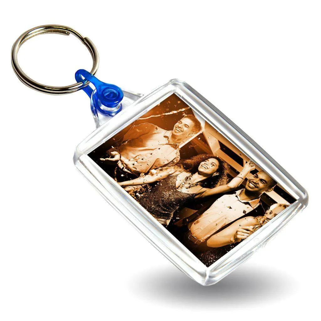 A502 Rectangular Blank Plastic Photo Insert Keyring with Coloured Connector - 45 x 35mm - Pack of 50