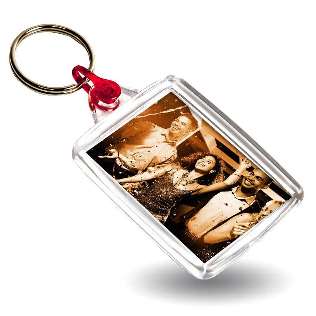 A502 Rectangular Blank Plastic Photo Insert Keyring with Coloured Connector - 45 x 35mm - Pack of 50