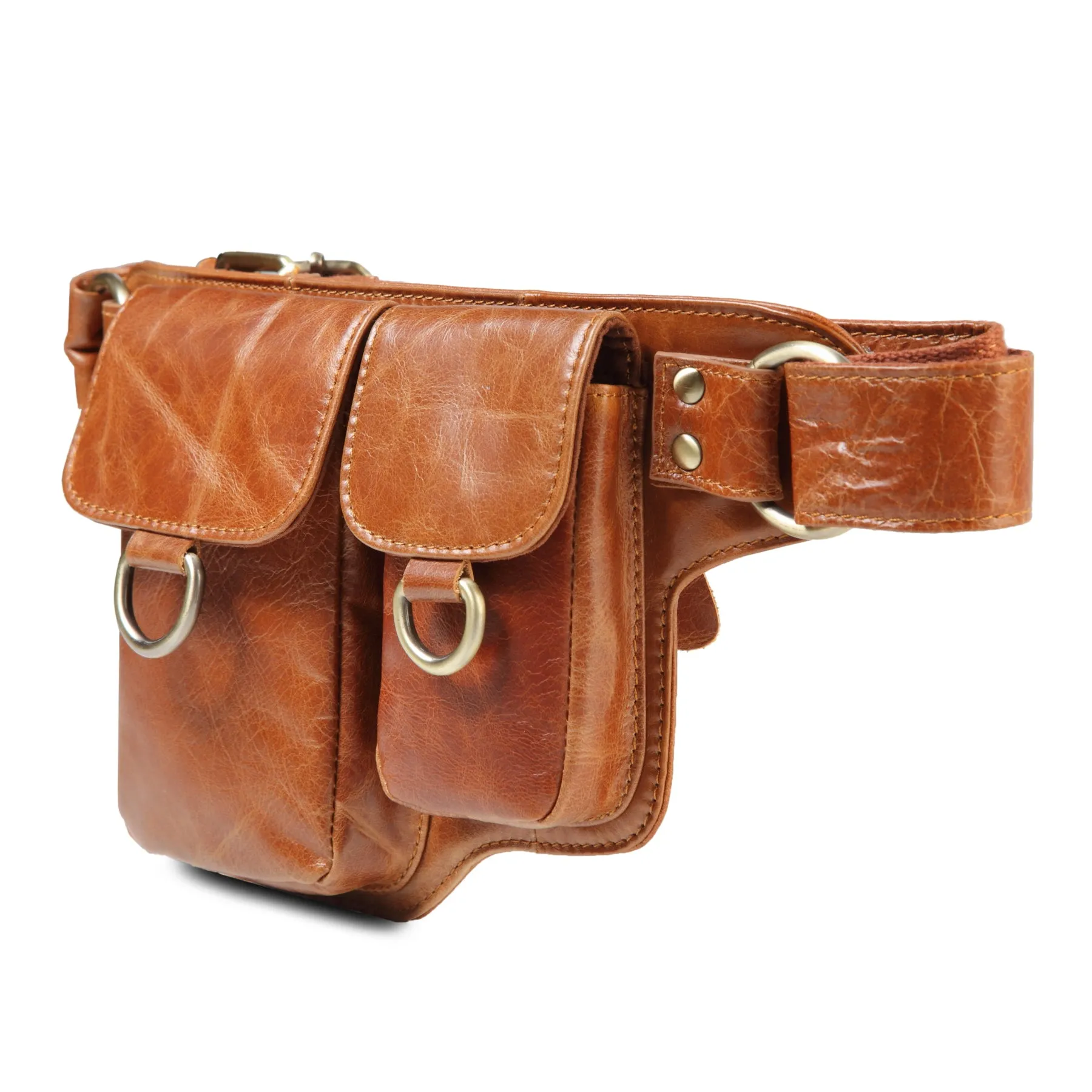 Adonis X  Leather Waist Purse Fanny Pack Hip Bag- TAN