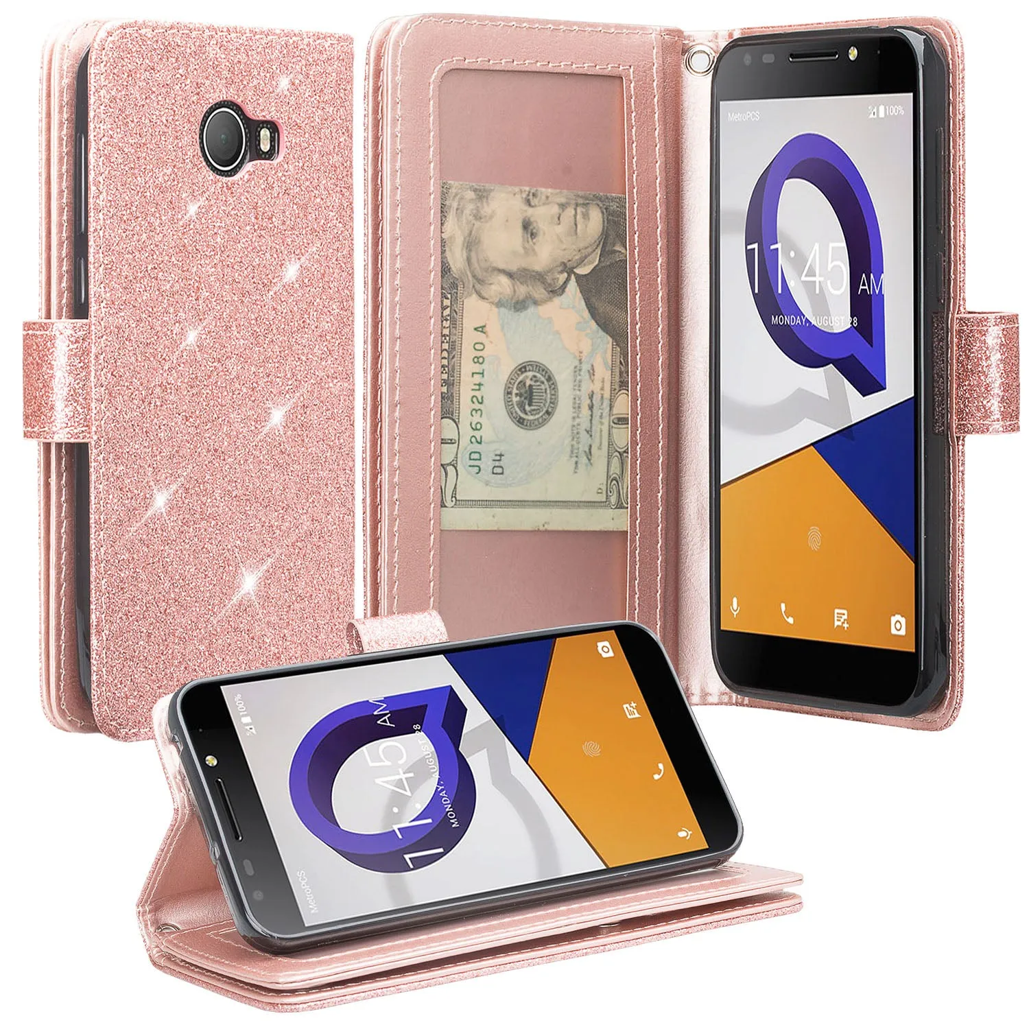 Alcatel Fierce XL2 Case, Fierce XL2 Case, Glitter Faux Leather Flip Credit Card Holder Wrist Strap Shockproof Protective Wallet Case Clutch for Alcatel Fierce XL2 - Rose Gold