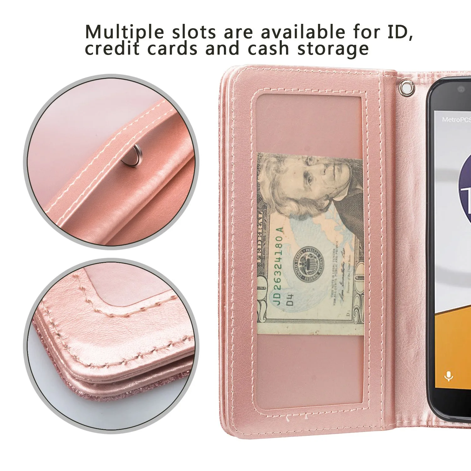 Alcatel Fierce XL2 Case, Fierce XL2 Case, Glitter Faux Leather Flip Credit Card Holder Wrist Strap Shockproof Protective Wallet Case Clutch for Alcatel Fierce XL2 - Rose Gold