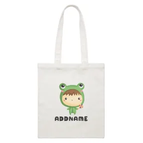 Birthday Frog Baby Boy Wearing Frog Suit Holding Lolipop Addname White Canvas Bag