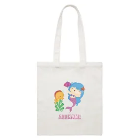 Birthday Mermaid Blue Hair Mermaid Playing With Seahorse Addname White Canvas Bag