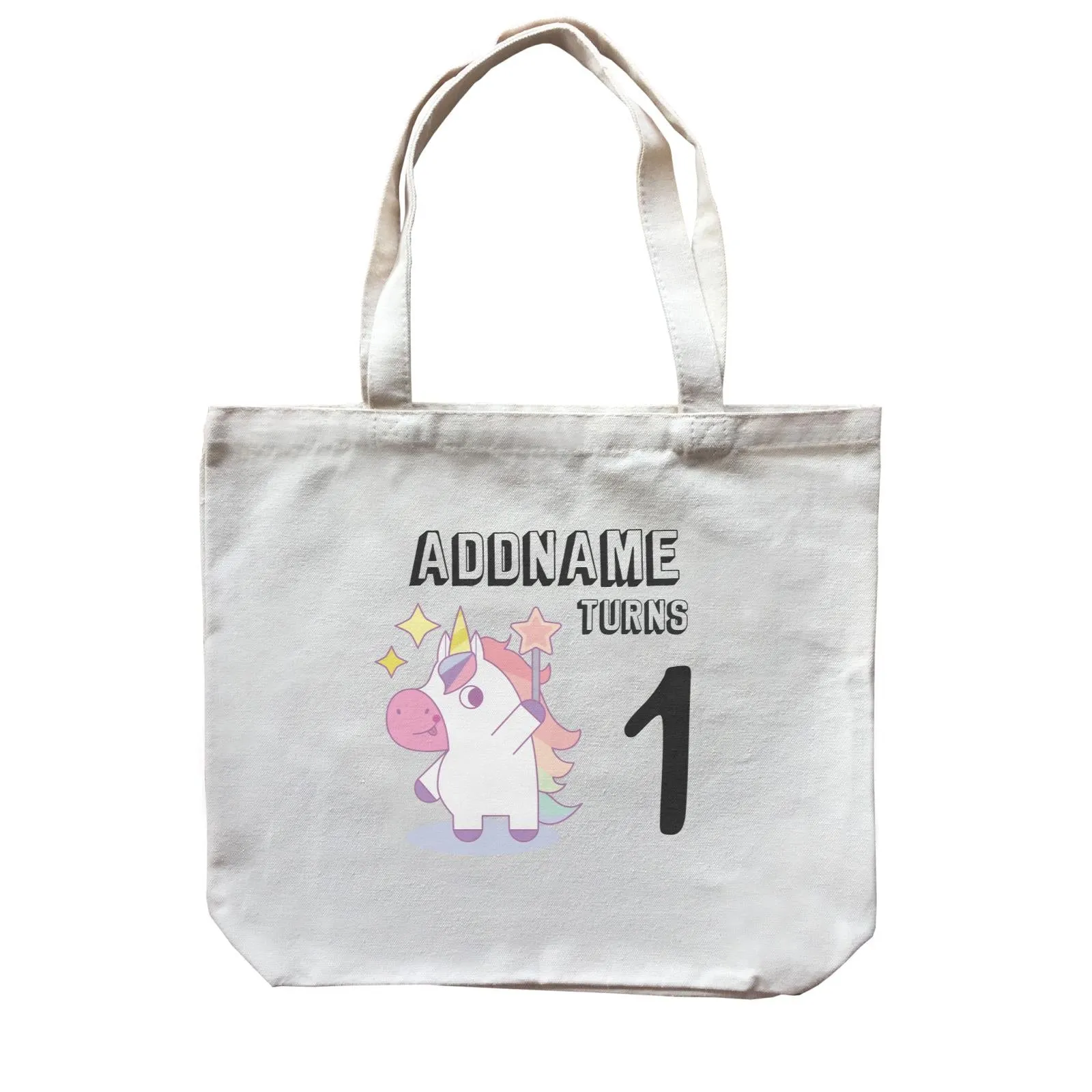 Birthday Unicorn Girl With Magic Wand Addname Turns 1 Canvas Bag