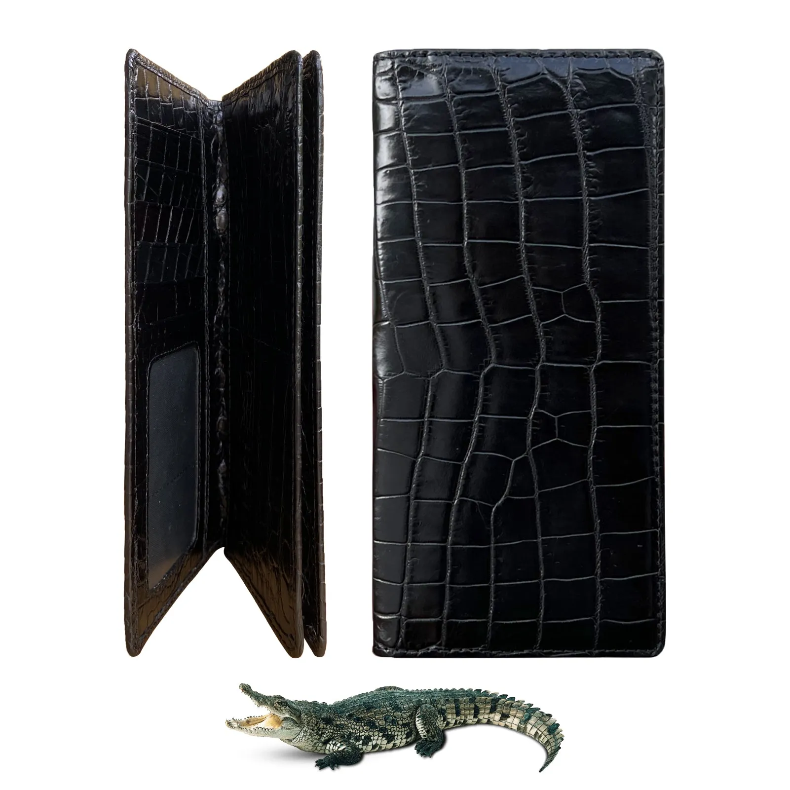 Black Double Side Alligator Long Wallet For Men | Luxury Crocodile Leather Business Tall Bifold Wallet RFID Blocking | LON11-CS