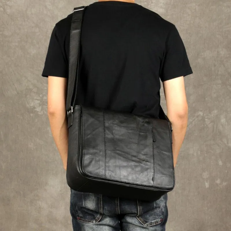 Black Leather Mens Cool Large Messenger Bag Shoulder Bag Cycling Crossbody Bag for men