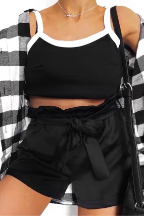 Black Satin Paper Bag Waist Shorts - Laityn