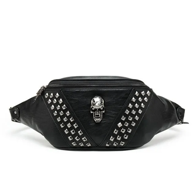 Black Solid Skull Leather Waist Bag