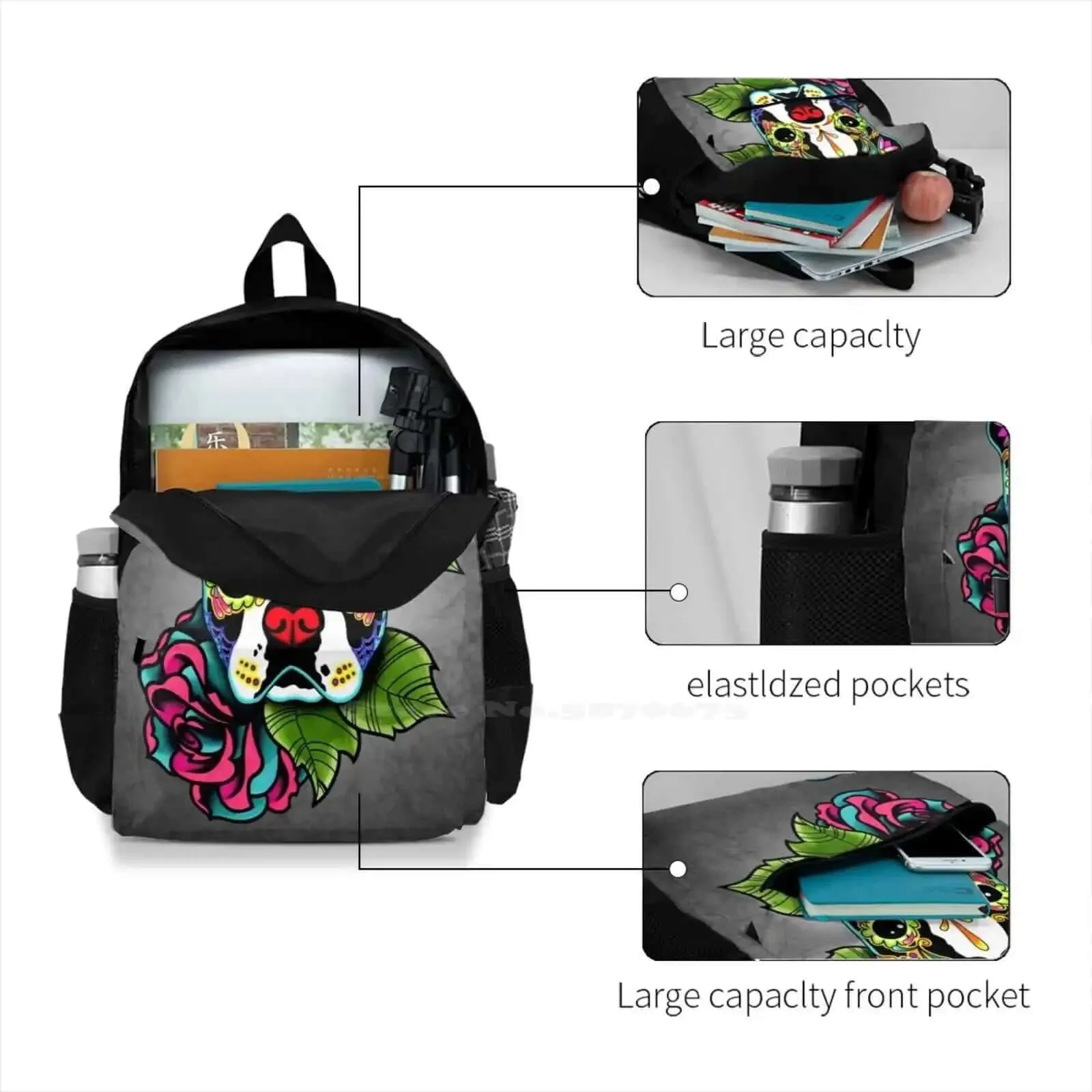 Boston Terrier In Black-Day of the Dead Sugar Skull Dog Backpack