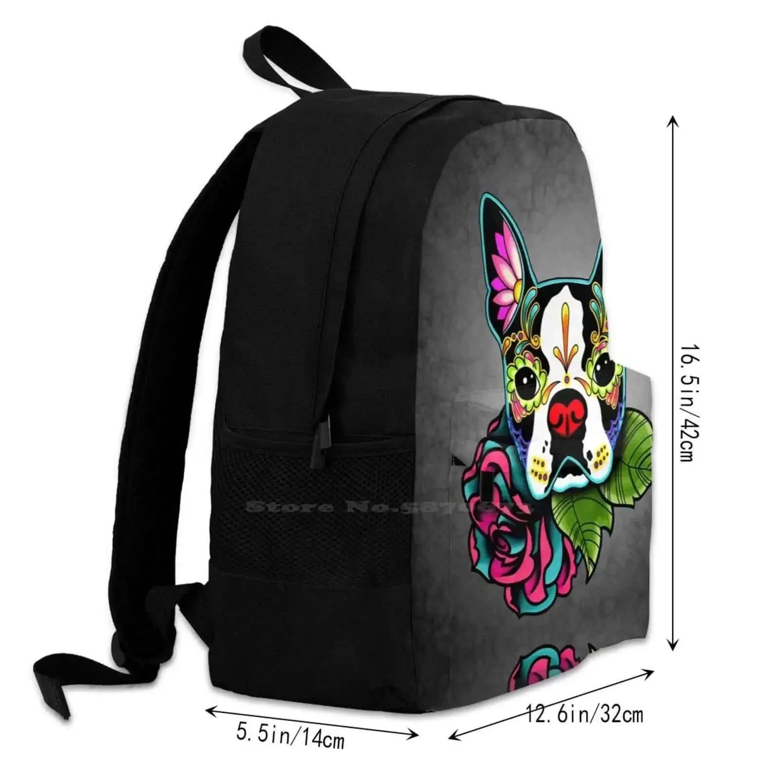 Boston Terrier In Black-Day of the Dead Sugar Skull Dog Backpack