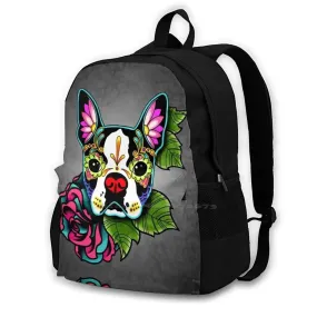 Boston Terrier In Black-Day of the Dead Sugar Skull Dog Backpack