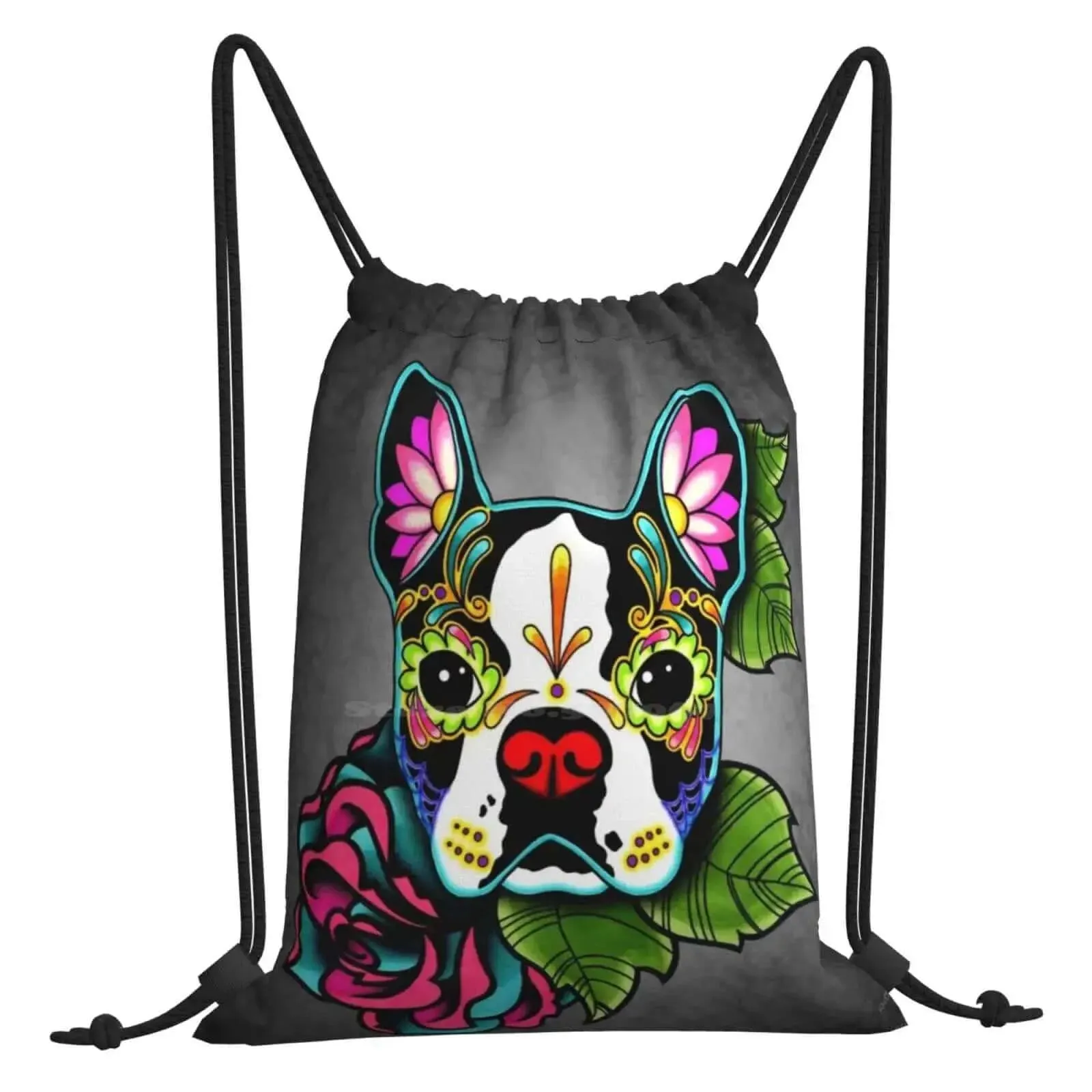 Boston Terrier In Black-Day of the Dead Sugar Skull Dog Backpack