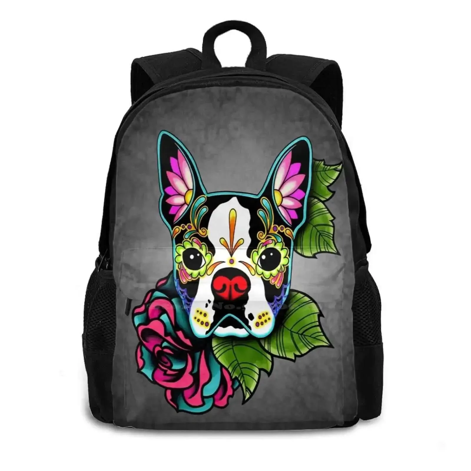 Boston Terrier In Black-Day of the Dead Sugar Skull Dog Backpack