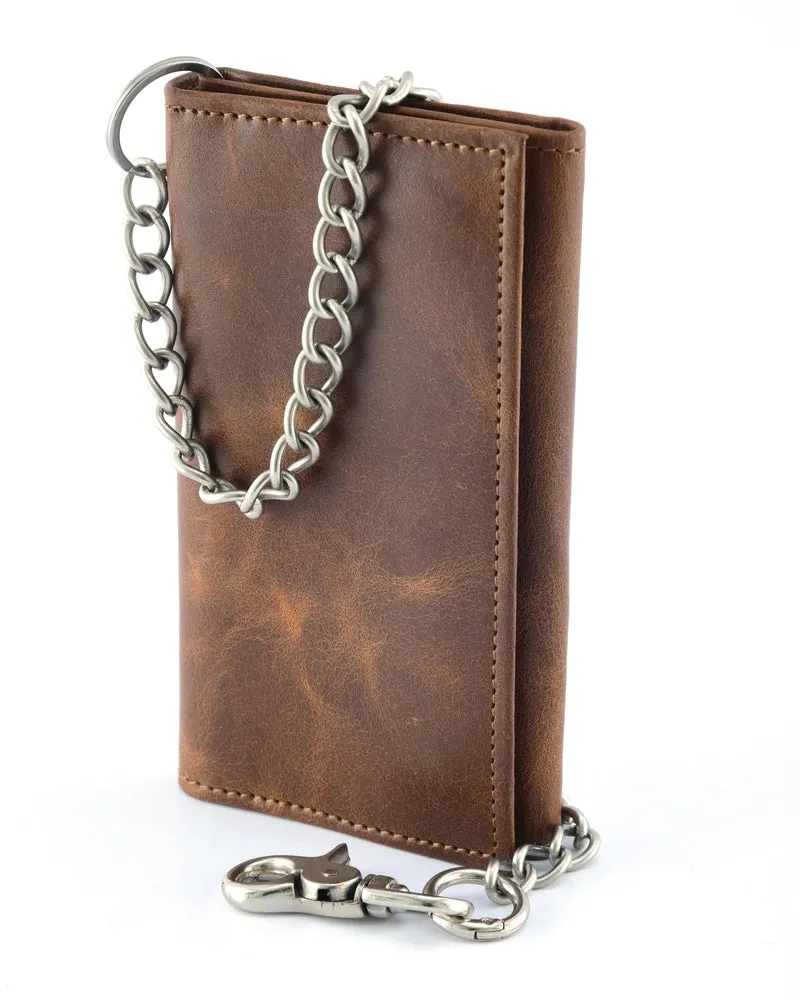 BWC234 Brown Long Bi-Fold Biker Leather Chain Wallet