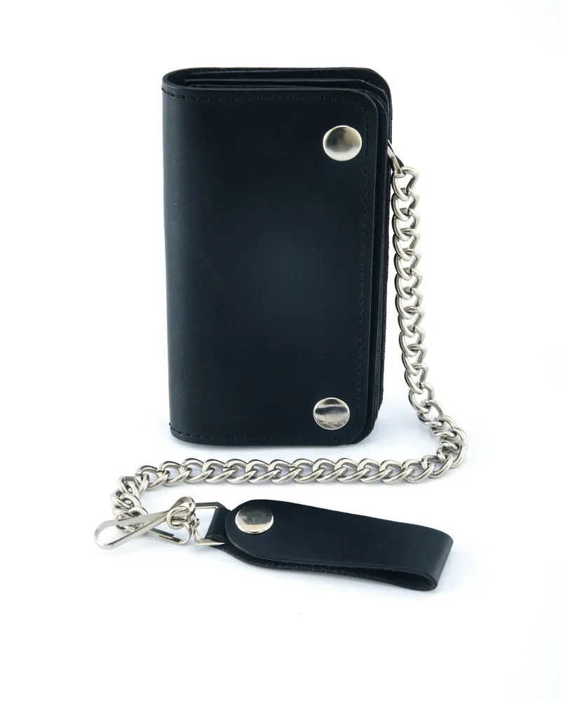 BWC237 Black Leather Long Bi-Fold Biker Chain Wallet