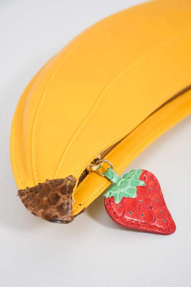 Charlotte Olympia Yellow Leather Banana Clutch with Python Skin Strap