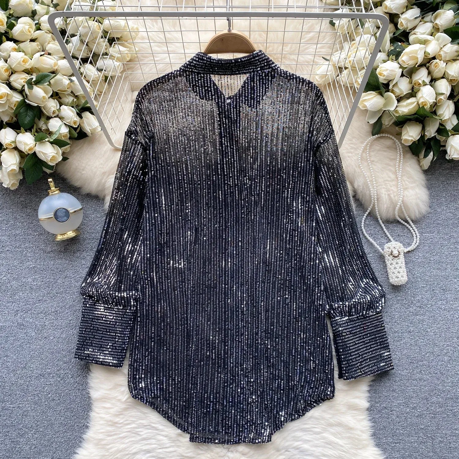 Chic Lapel Sequin Slim Shirt