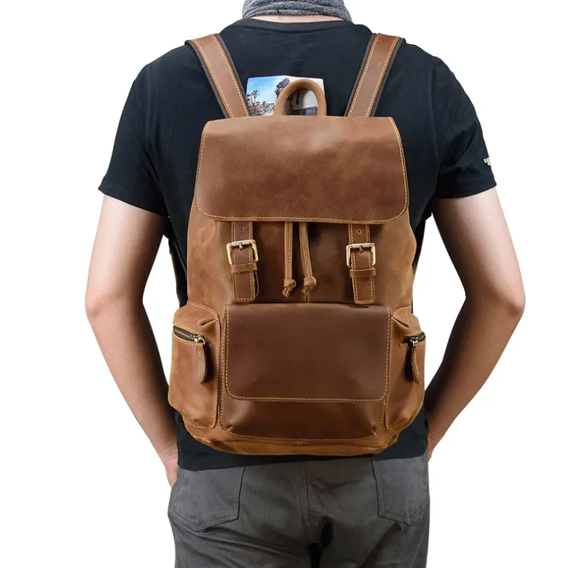 Crazy Horse Leather Backpack Men Retro School Backpack Laptop Backpack Travel Rucksack