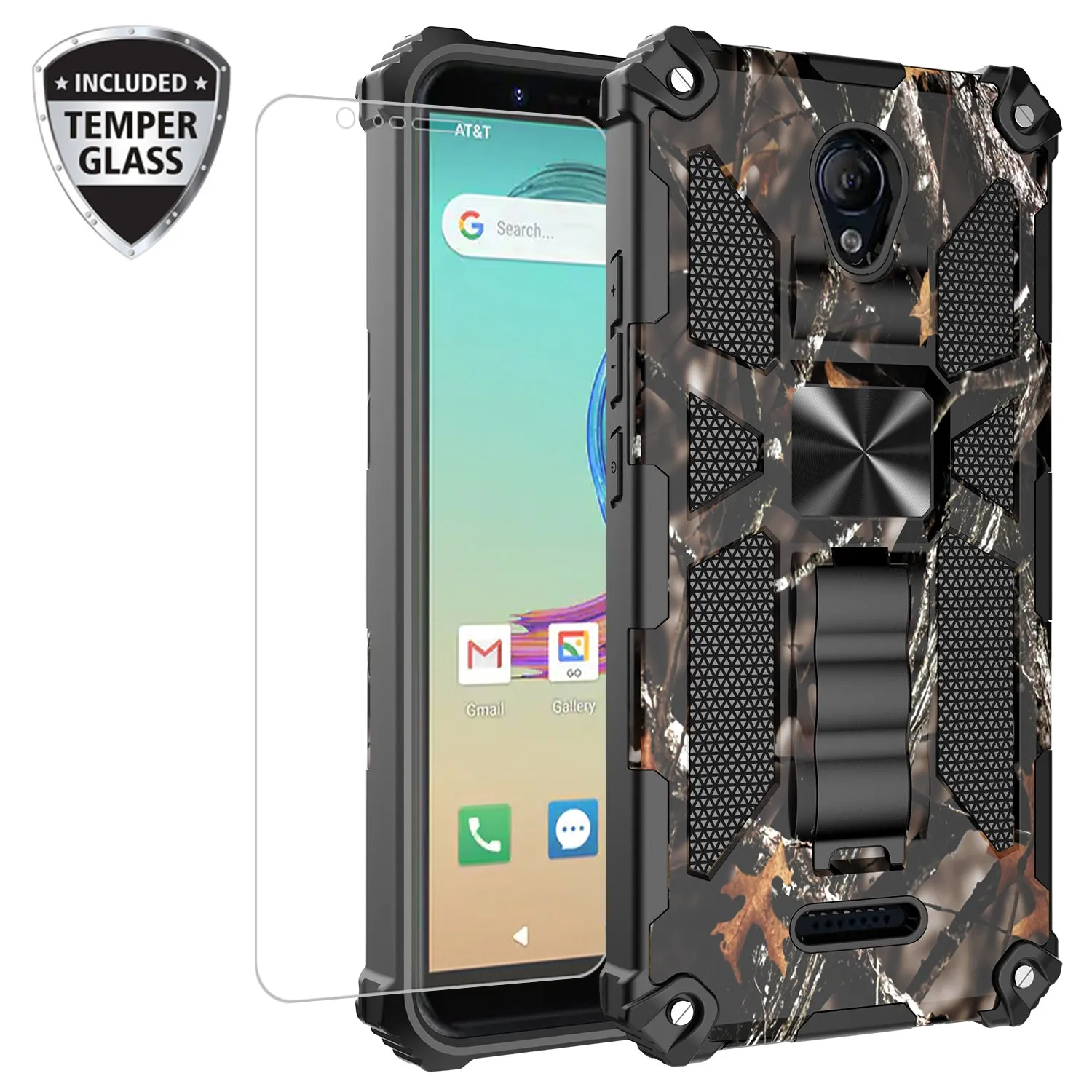 Cricket Icon 2 Case [Military Grade] Ring Car Mount Kickstand w/[Tempered Glass] Hybrid Hard PC Soft TPU Shockproof Protective Case - Black Tree