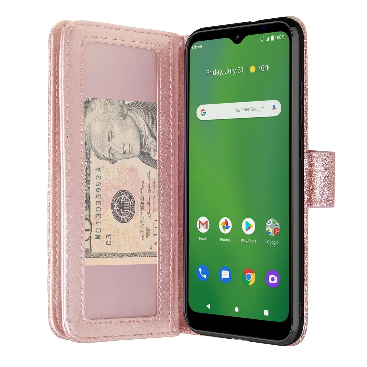 Cricket Ovation Case, AT&T Radiant Max Case, Glitter Faux Leather Flip Credit Card Holder Wrist Strap Shockproof Protective Wallet Case Clutch for Cricket Ovation/AT&T Radiant Max - Rose Gold