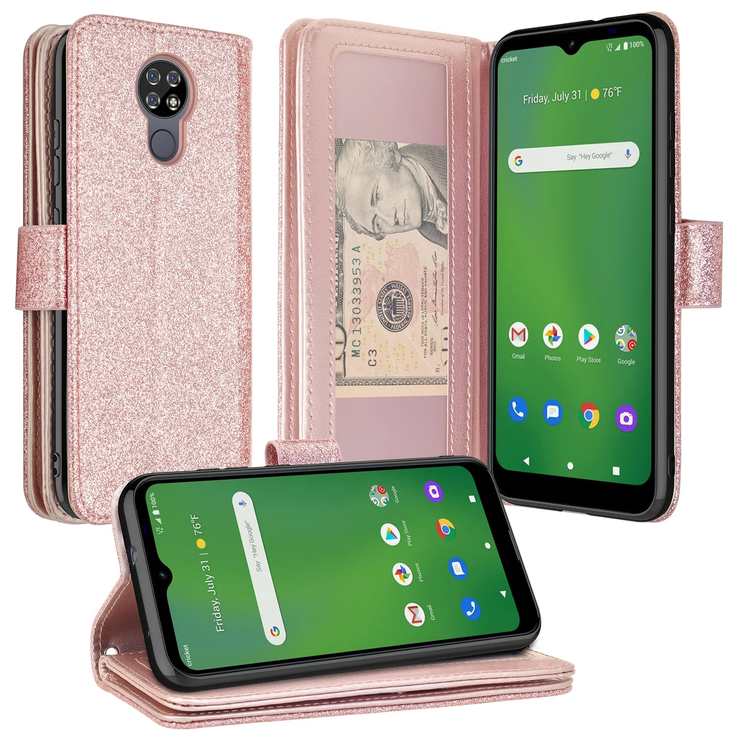 Cricket Ovation Case, AT&T Radiant Max Case, Glitter Faux Leather Flip Credit Card Holder Wrist Strap Shockproof Protective Wallet Case Clutch for Cricket Ovation/AT&T Radiant Max - Rose Gold