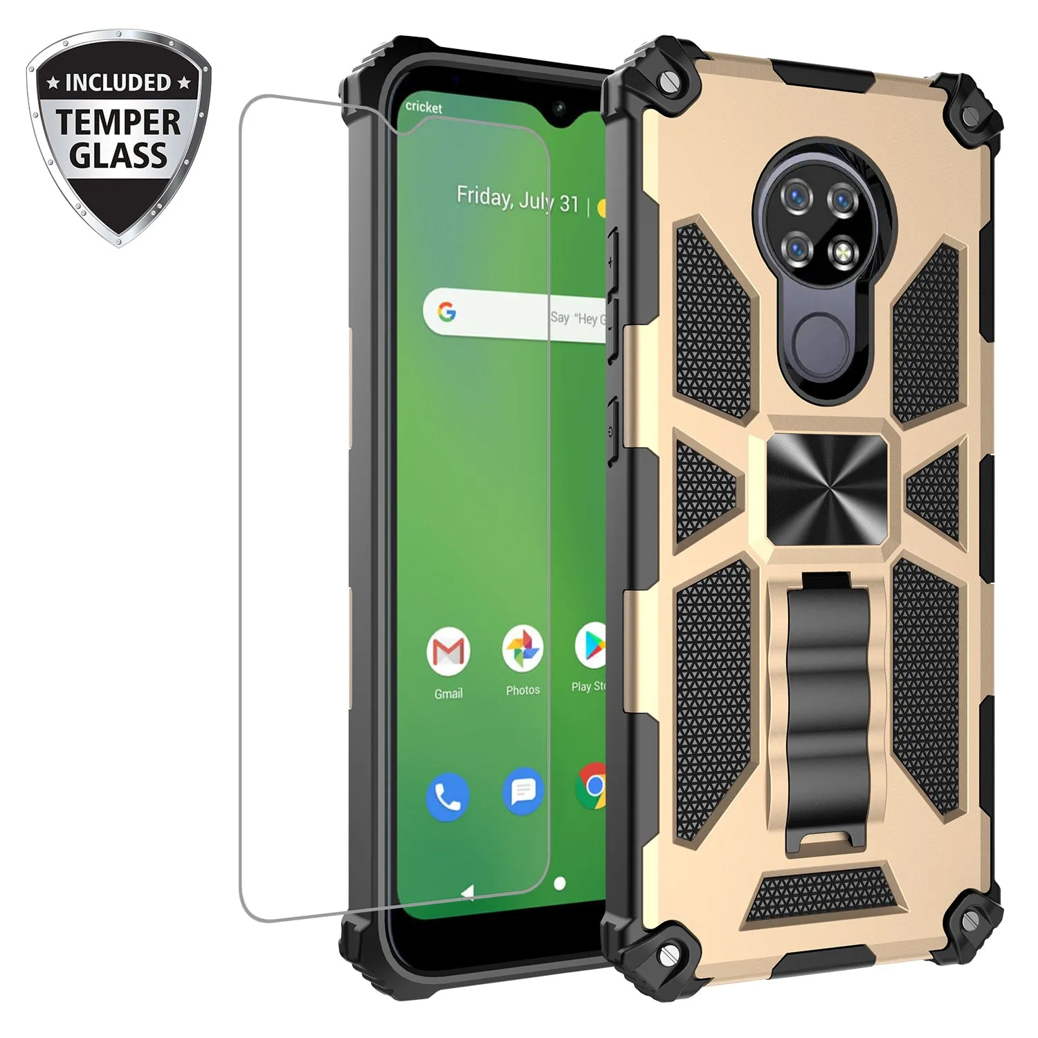 Cricket Ovation Case/AT&T Radiant Max Case [Military Grade] Ring Car Mount Kickstand Hybrid Hard PC Soft TPU Shockproof Protective Case - Gold