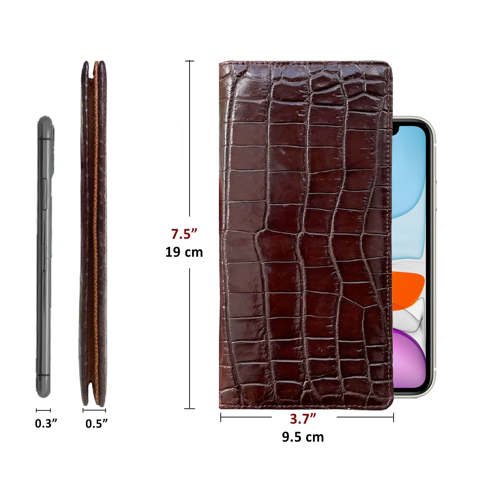 Dark Brown Alligator Leather Long Wallet For Men | Luxury Crocodile Purse with Smart Phone Pocket RFID Blocking | LON36