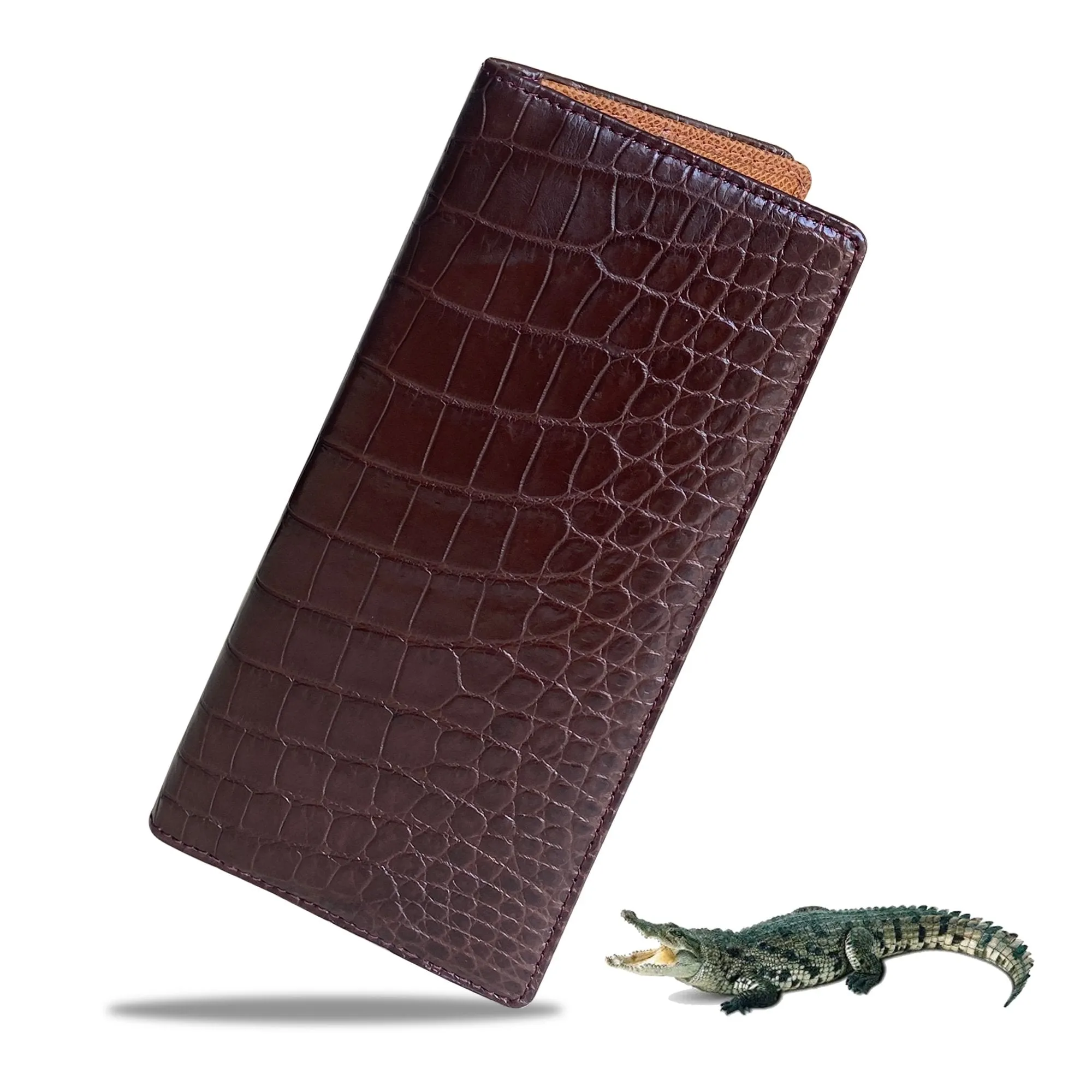 Dark Brown Alligator Leather Long Wallet For Men | Luxury Crocodile Purse with Smart Phone Pocket RFID Blocking | LON36