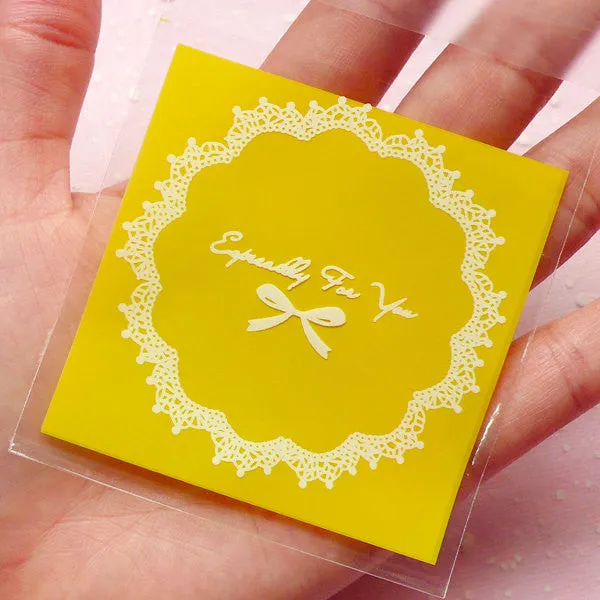 Especially For You Gift Bags w/ Doily & Ribbon Pattern (20 pcs / Yellow) Self Adhesive Resealable Clear Plastic Bags (6.9cm x 7cm) GB100