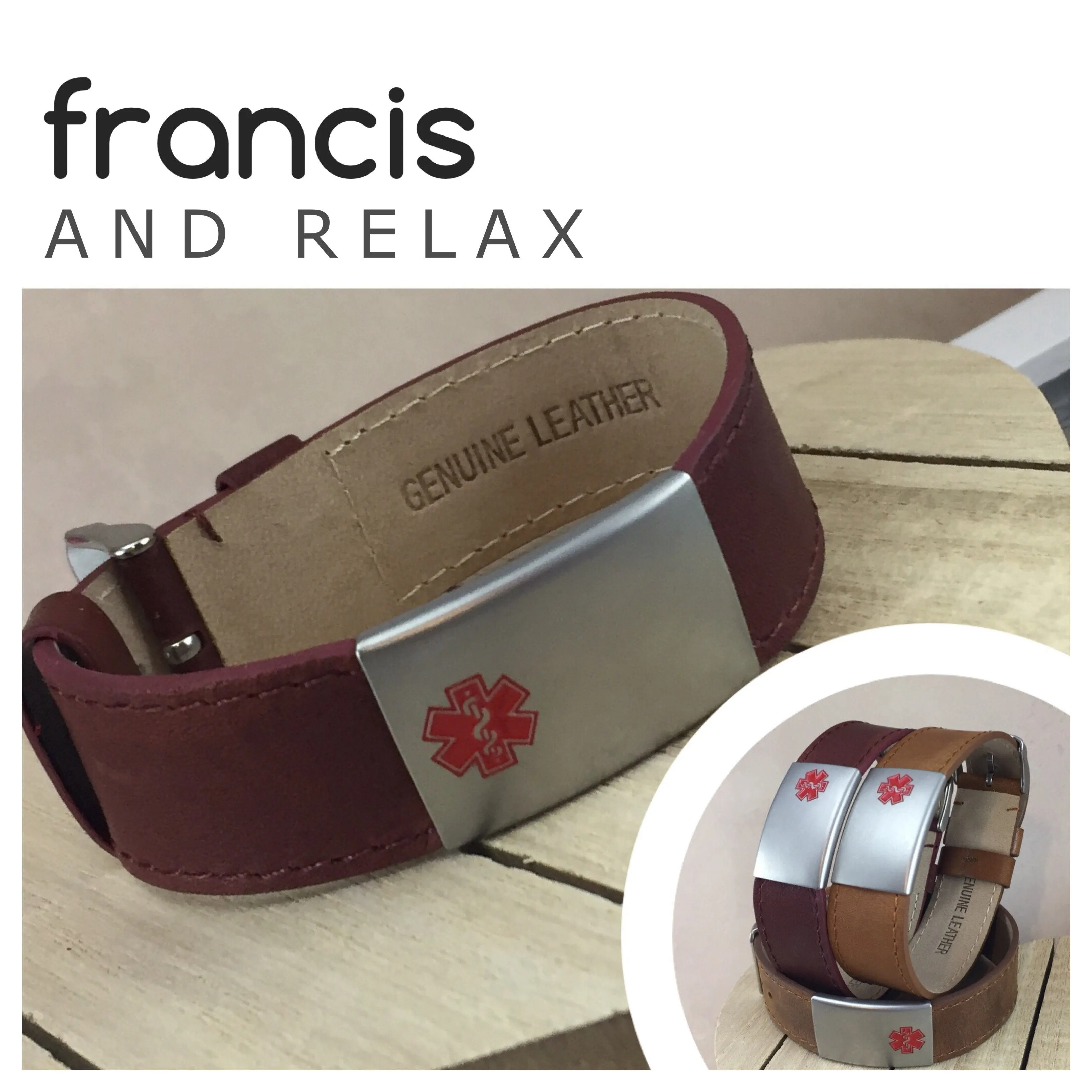 Francis Genuine Leather Medical Alert Bracelet