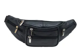 Genuine Cowhide Leather Waist Fanny Pack Pouch 6 Compartments Black