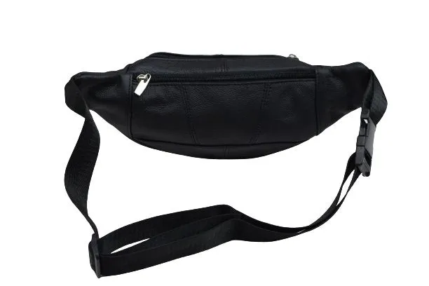 Genuine Cowhide Leather Waist Fanny Pack Pouch 6 Compartments Black