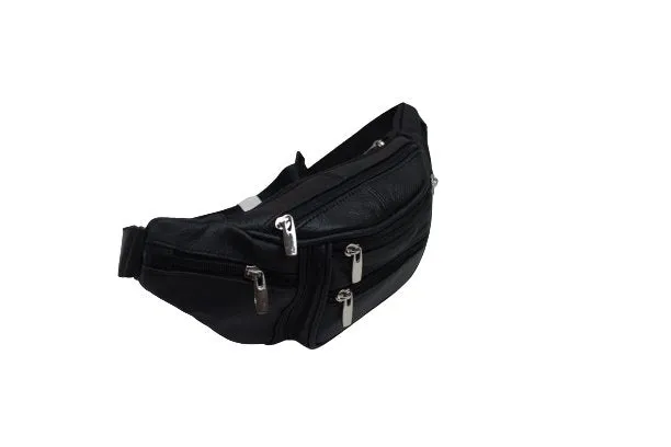 Genuine Cowhide Leather Waist Fanny Pack Pouch 6 Compartments Black