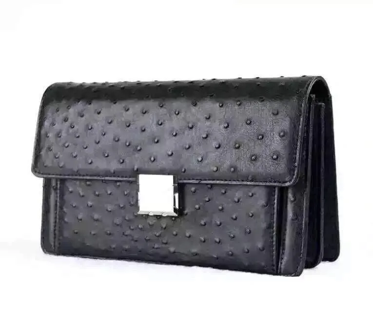 Genuine Ostrich Leather Foldover Clutch Bag/Travel Case Black For Men