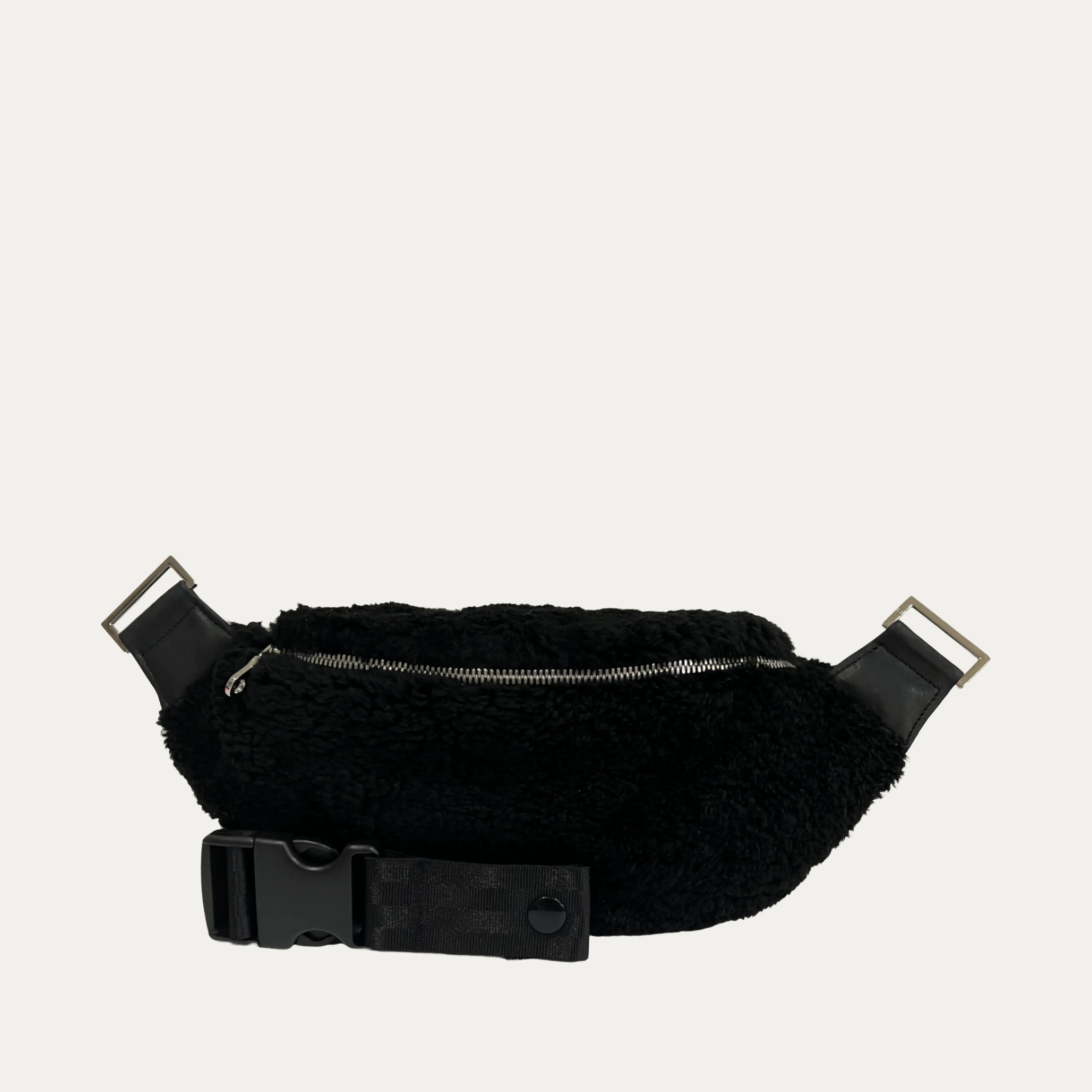 Genuine Shearling Fanny Pack   Crossbody Bag | Black   Silver Hardware