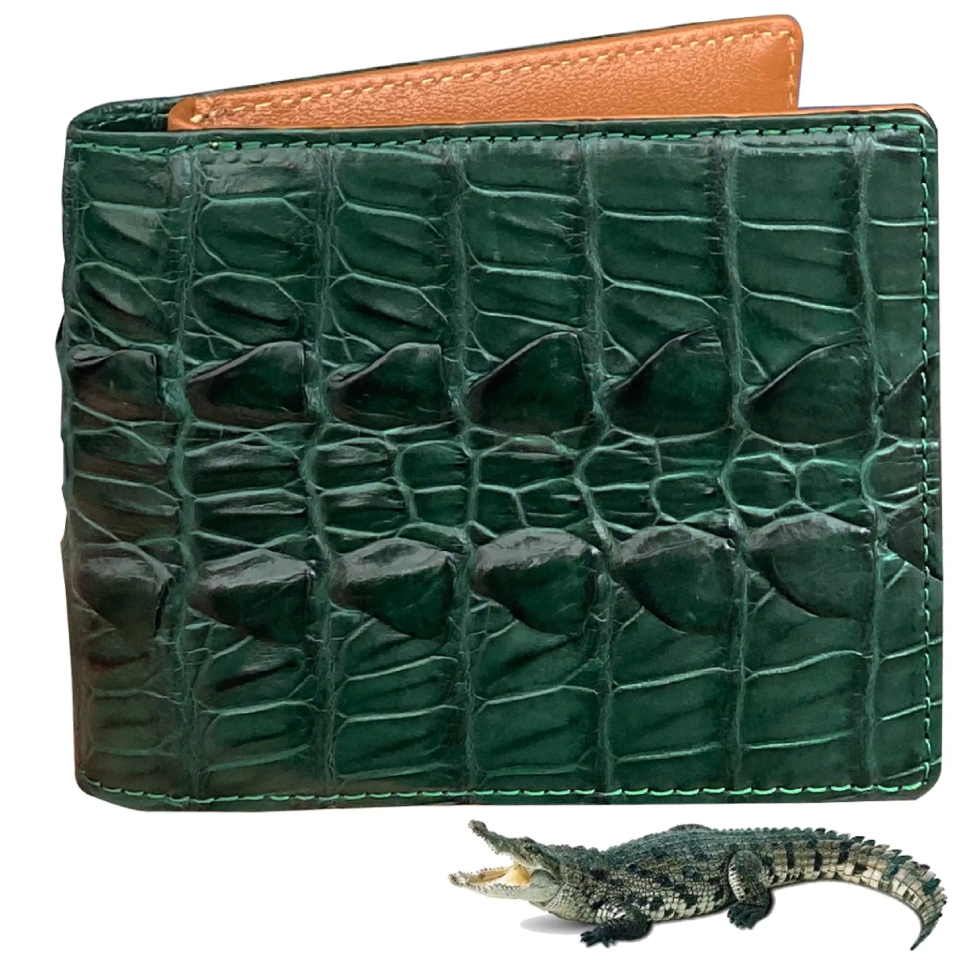 Green Alligator Tail Leather Bifold Wallet For Men | Handmade Crocodile Wallet RFID Blocking | VINAM-111