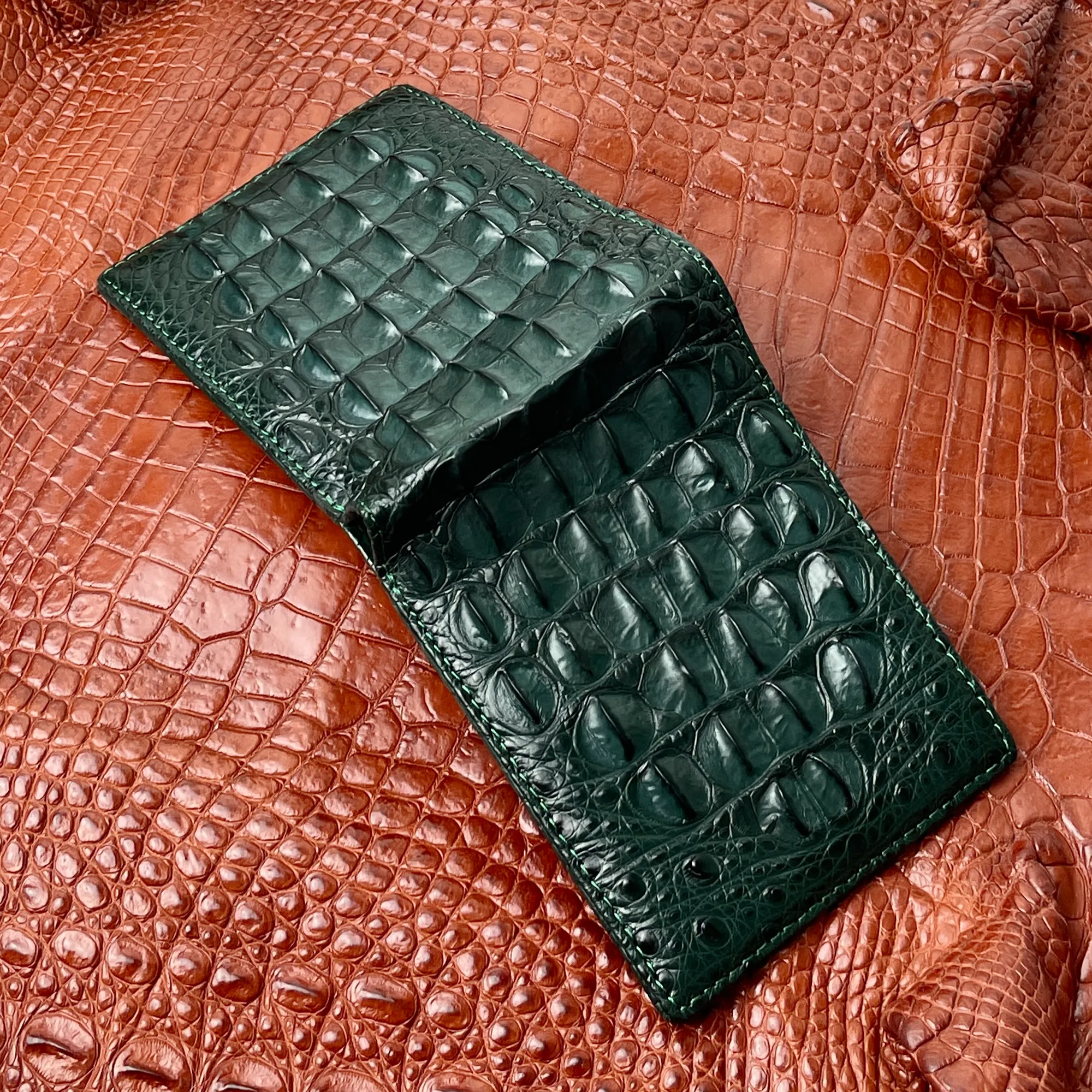 Green Double Side Alligator Hornback Leather Bifold Wallet For Men | Handmade Crocodile Wallet RFID Blocking | VINAM-110