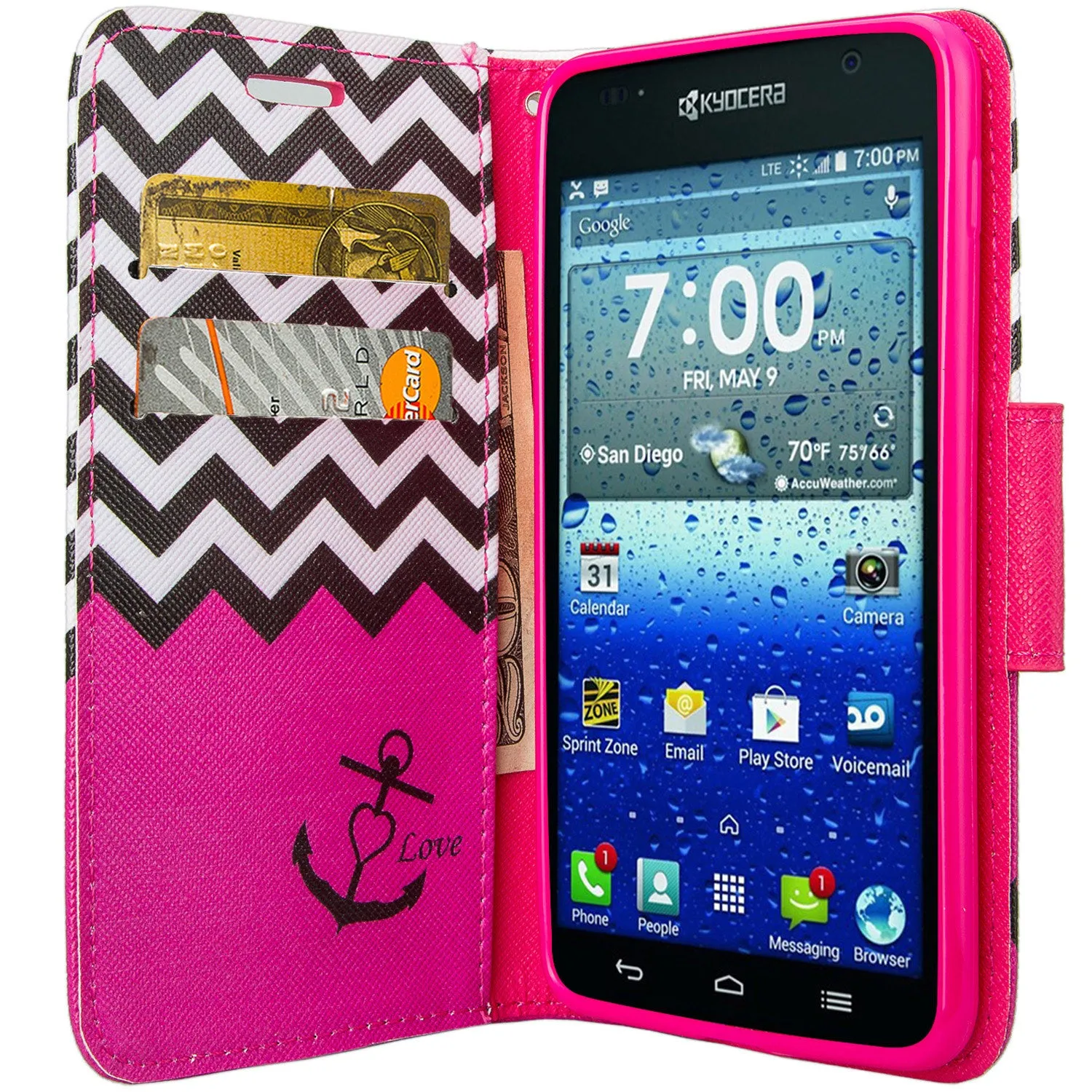 Kyocera Hydro View Wallet Case, Wrist Strap Pu Leather Magnetic Flip Fold[Kickstand] with ID & Card Slots for Kyocera Hydro View - Hot Pink Anchor