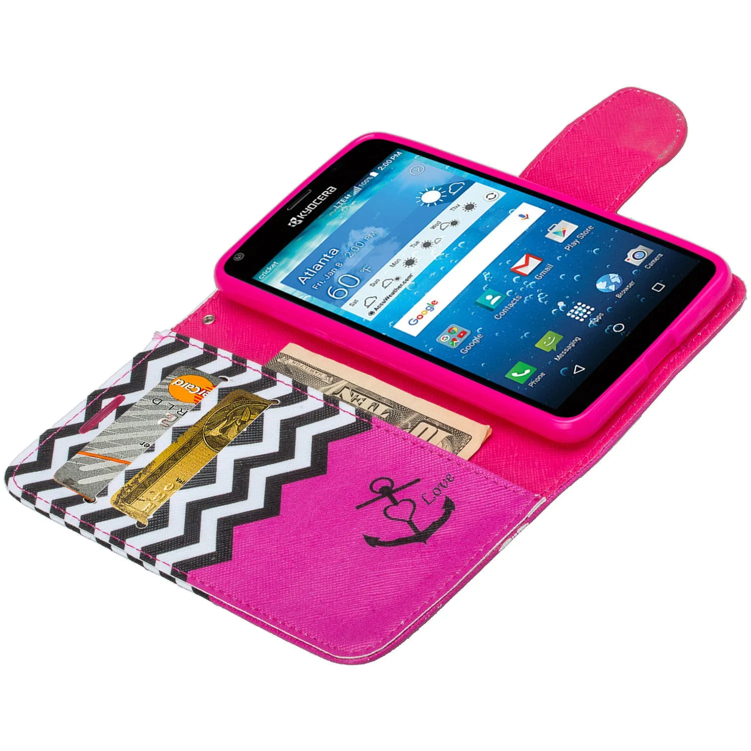 Kyocera Hydro View Wallet Case, Wrist Strap Pu Leather Magnetic Flip Fold[Kickstand] with ID & Card Slots for Kyocera Hydro View - Hot Pink Anchor