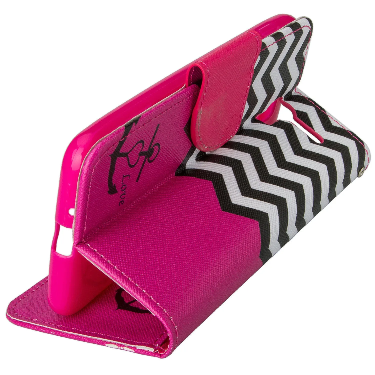 Kyocera Hydro View Wallet Case, Wrist Strap Pu Leather Magnetic Flip Fold[Kickstand] with ID & Card Slots for Kyocera Hydro View - Hot Pink Anchor